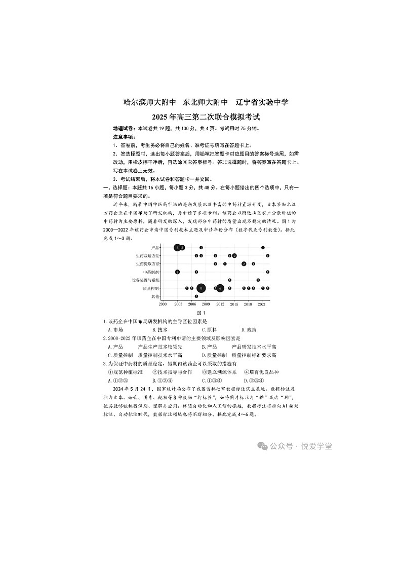 哈爾濱師大附中、東北師大附中、遼寧省實(shí)驗(yàn)中學(xué)三校2025年高三第二次聯(lián)合模擬考試地理卷含答案第1頁