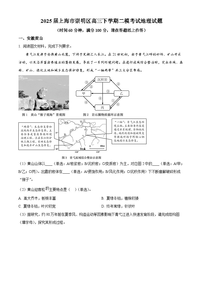 上海市崇明区2025届高三第二次模拟考试地理第1页
