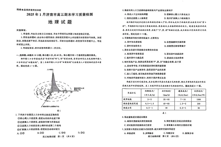 2025届山东省济南市高三上学期1月期末考试地理试卷(含答案)第1页