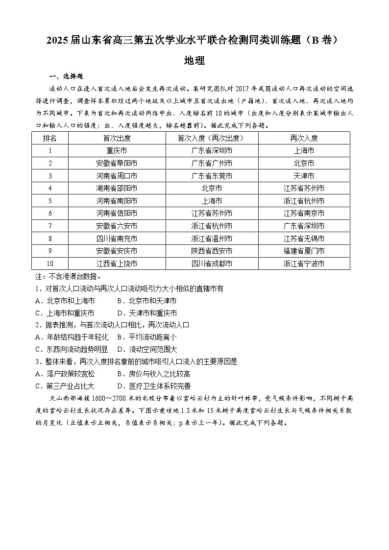 2025届山东省齐鲁名校大联考高三下学期第五次学业水平联合检测地理(B卷)(含答案)第1页