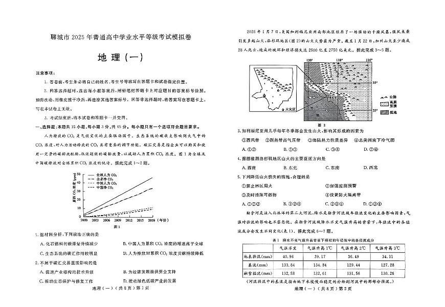 山东省聊城市2025年普通高中学业水平等级考试模拟卷(一)地理试卷(含答案)第1页