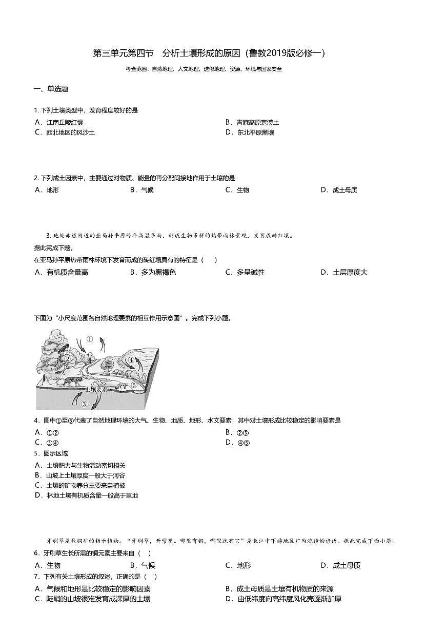 12.鲁教版地理必修第一册-分析土壤形成的原因-课后作业提升+答案第1页