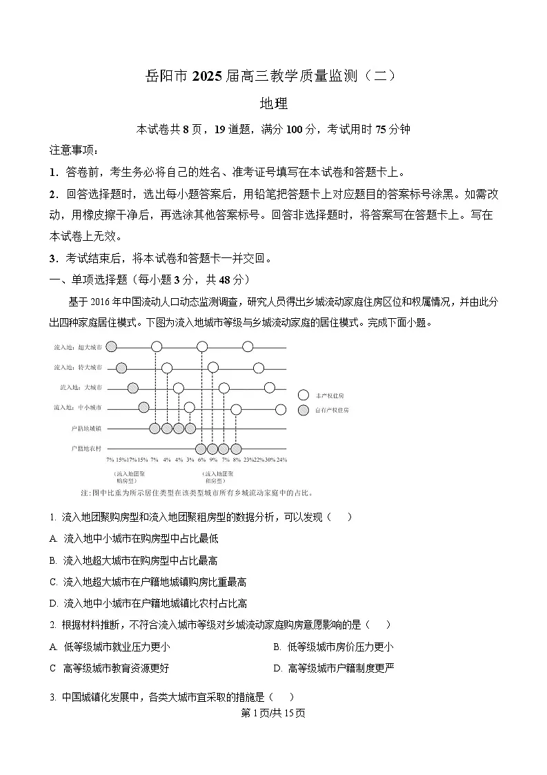湖南省岳阳市2024-2025学年高三下学期二模地理试题 含解析第1页