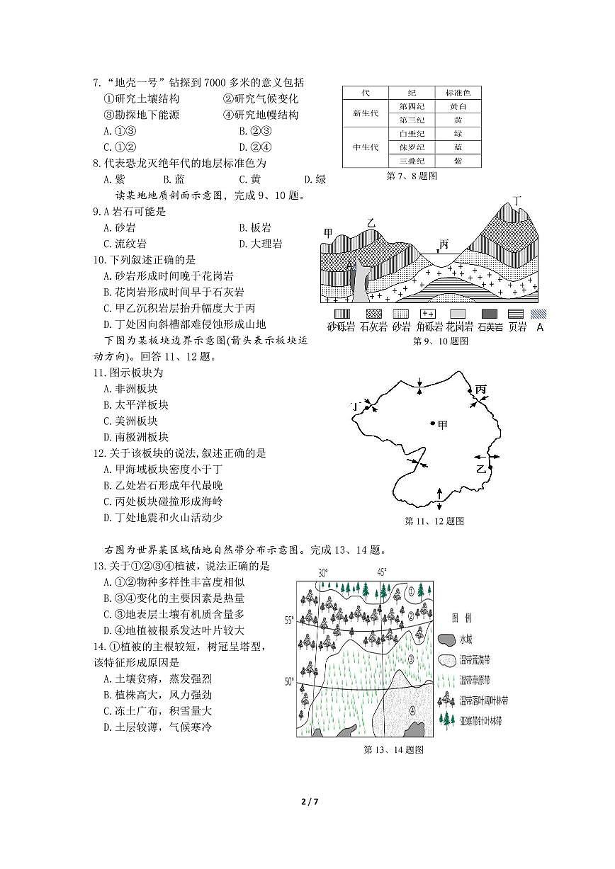 上交稿 余姚中学2024学年第二学期期中检测高一地理选考试卷第2页