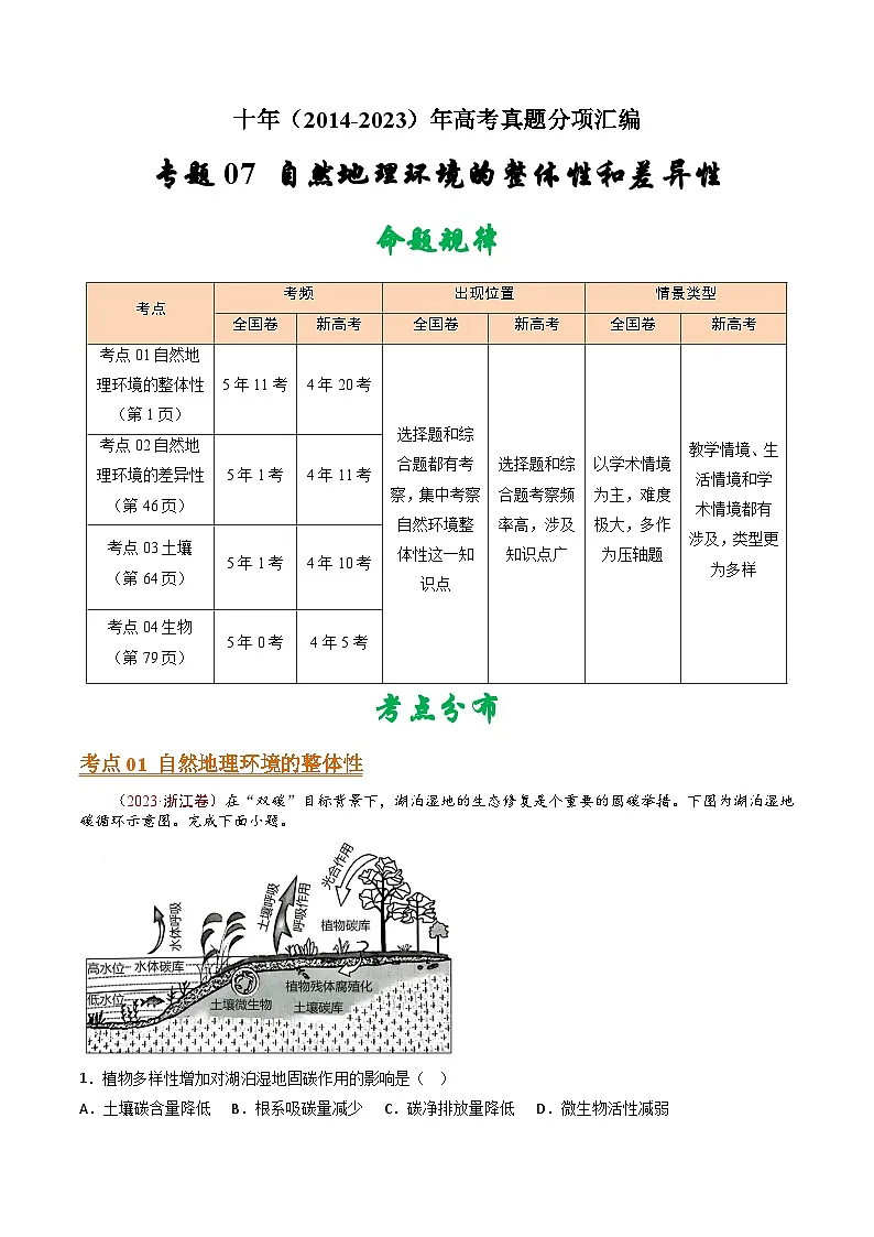 十年高考真题(2014-2023)分项汇编 地理 专题07 自然地理环境的整体性和差异性 含解析第1页