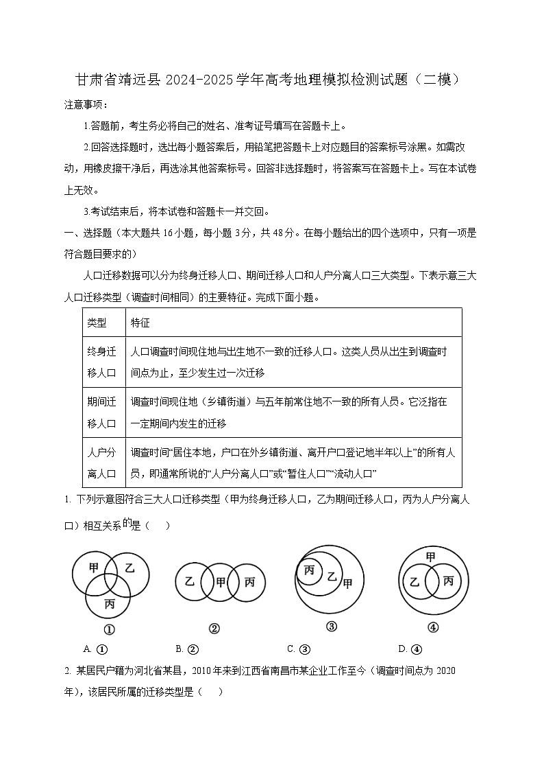 甘肃省靖远县2024-2025学年高考地理模拟检测试题(二模)含答案第1页