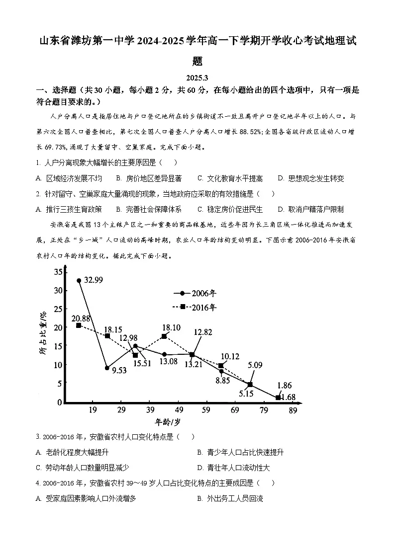 山东省潍坊第一中学2024-2025学年高一下学期开学收心考试地理试题(原卷版+解析版)第1页