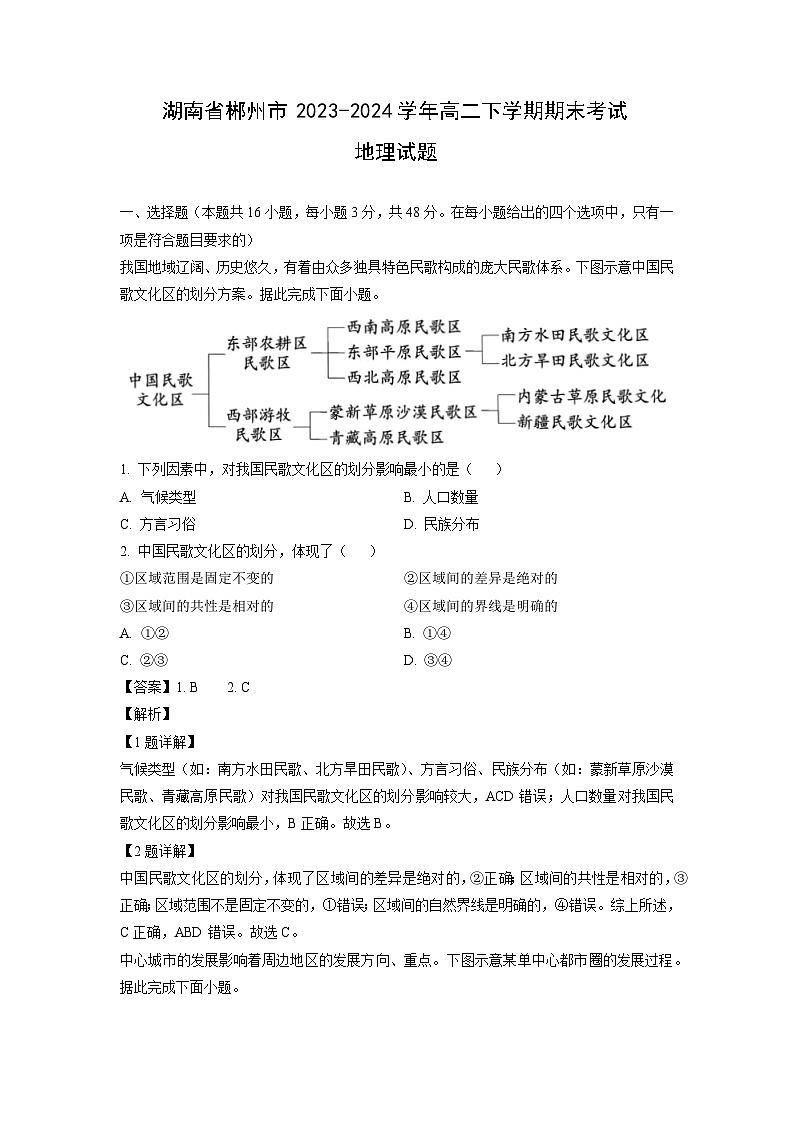 地理:湖南省郴州市2023-2024学年高二下学期期末考试试题(解析版)第1页