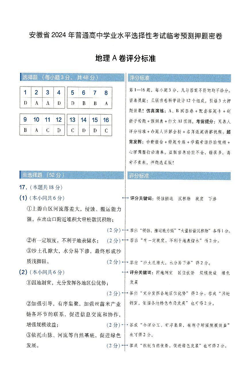 安徽省2024年普通高中学业水平选择性考试临考预测押题密卷地理A卷参考答案第1页