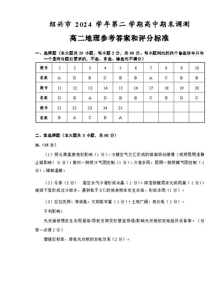 地理试题卷|2506绍兴高二下期末统考答案.docx第1页