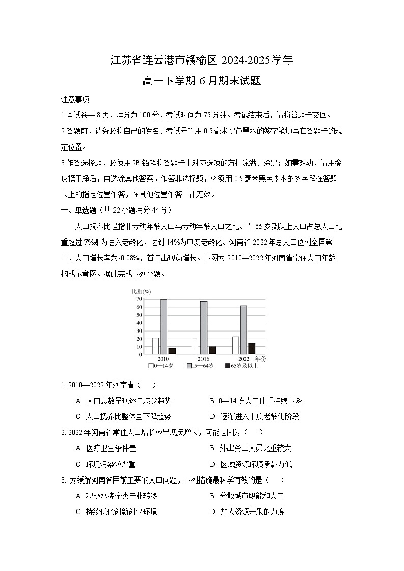 江苏省连云港市赣榆区2024-2025学年高一下学期6月期末地理试卷(解析版)第1页