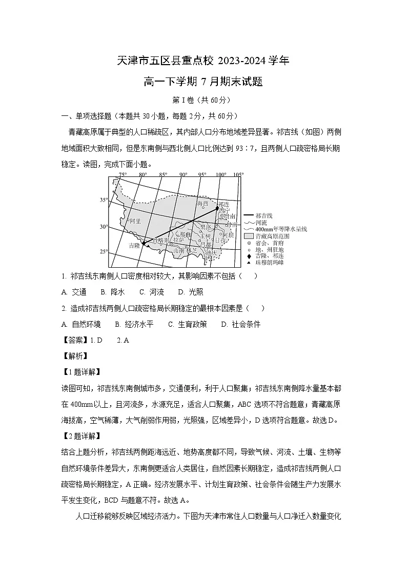 天津市五区县重点校2023-2024学年高一下学期7月期末真题地理试卷(解析版)第1页