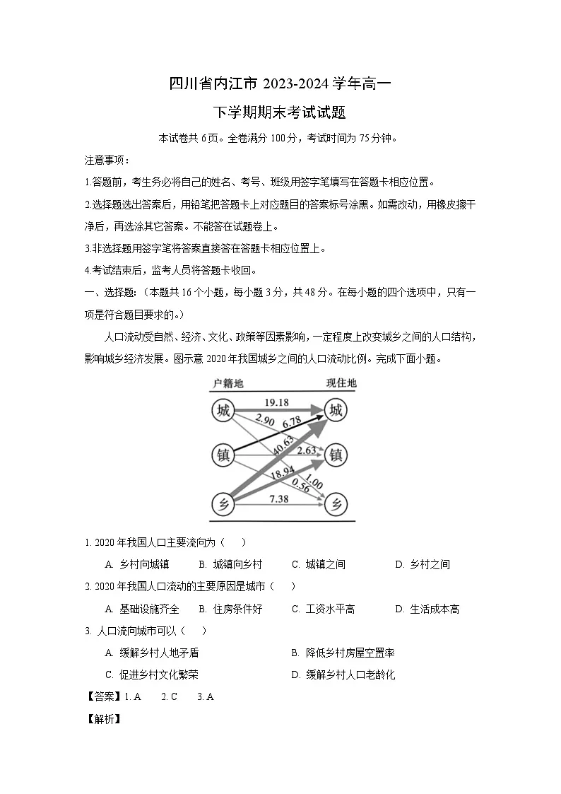 四川省内江市2023-2024学年高一下学期期末真题考试地理试卷(解析版)第1页