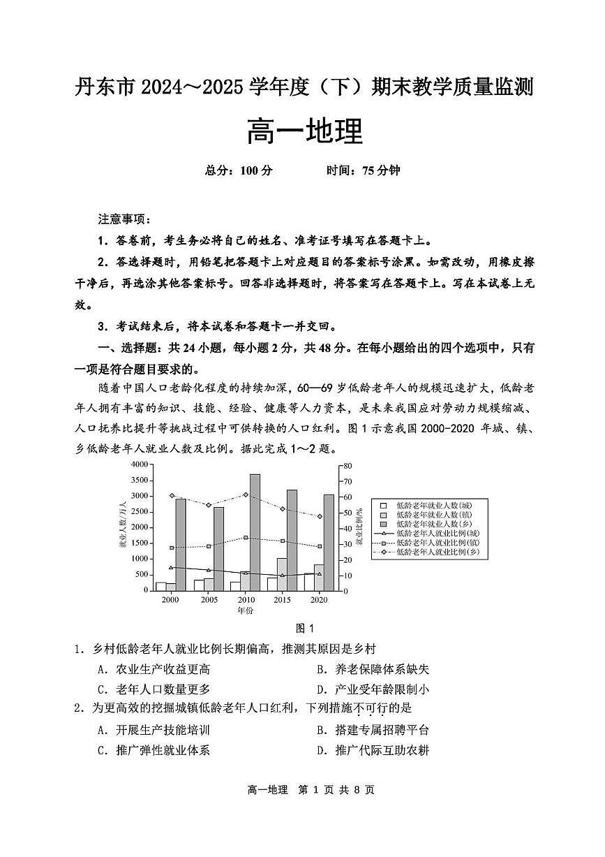 辽宁省丹东市2024-2025学年高一下学期期末教学质量监测地理试卷第1页