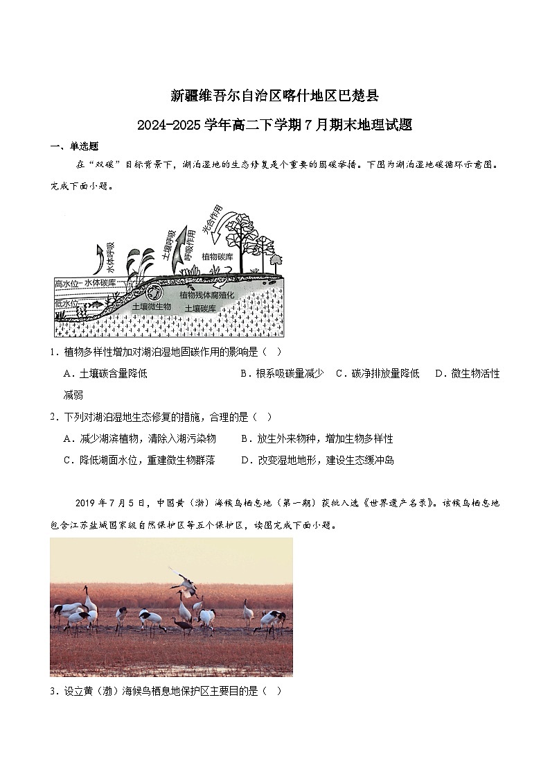 新疆喀什地区巴楚县2024-2025学年高二下学期7月期末测试地理试卷(Word版附答案)第1页
