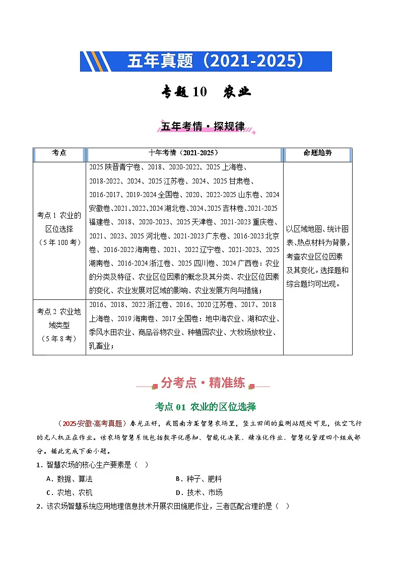 备战2026年高考精品试题汇编 地理 专题10 农业(原卷版)第1页
