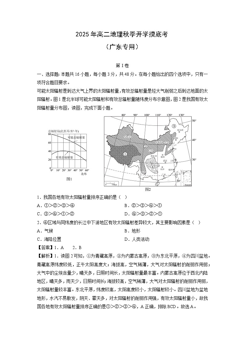 2025年高二秋季开学摸底考(广东专用)地理试卷(解析版)第1页