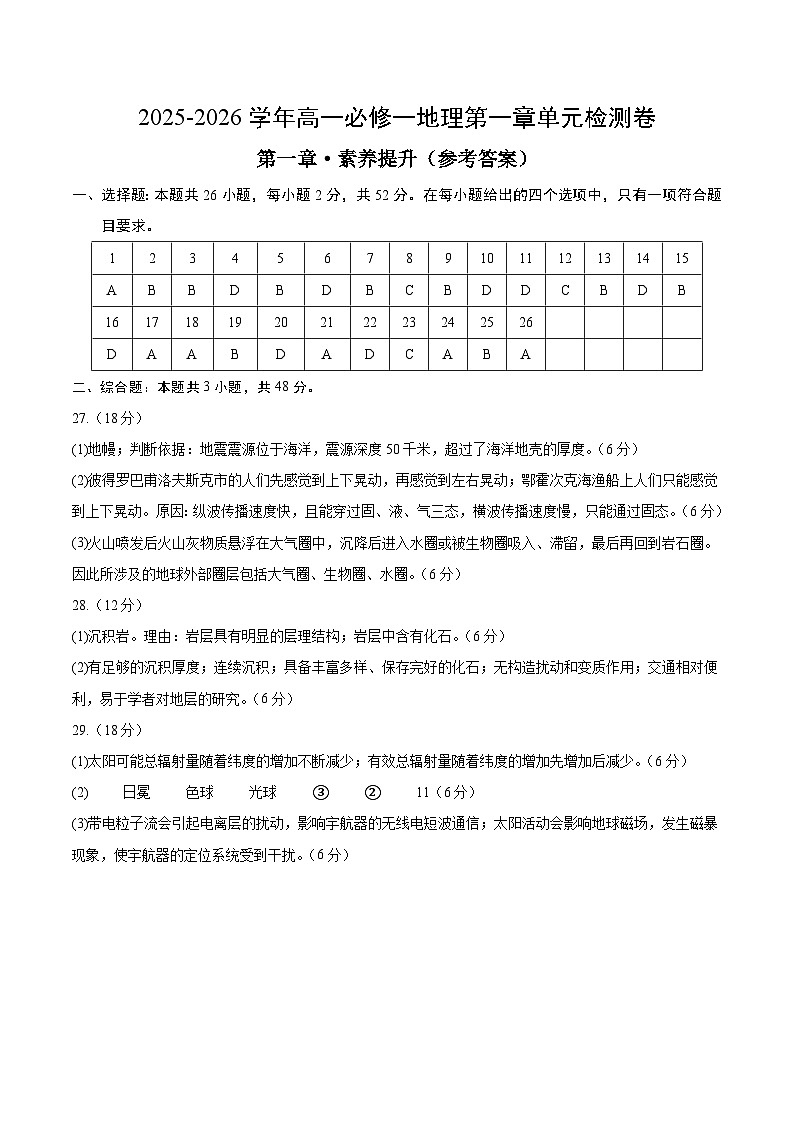 人教版高一地理必修一第一章 宇宙中的地球 (单元测试.提升卷)(含答案及评分标准)第1页