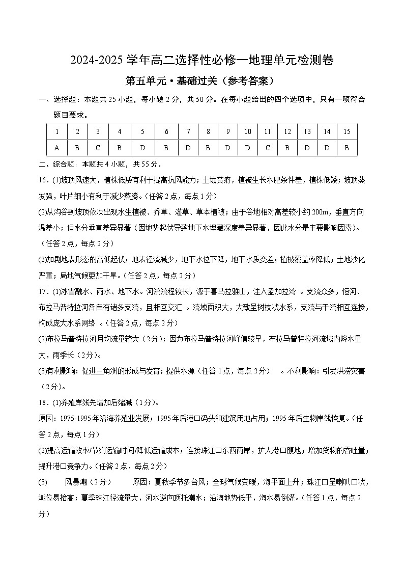 人教版2019选择性必修1地理第五章测试·基础卷(答案及评分标准)第1页