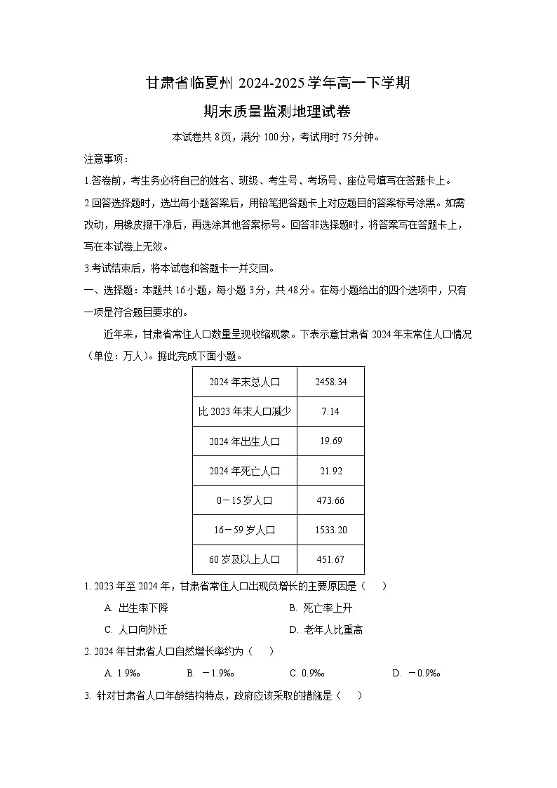 甘肃省临夏州2024-2025学年高一下学期期末质量监测地理试卷地理试卷(解析版)第1页