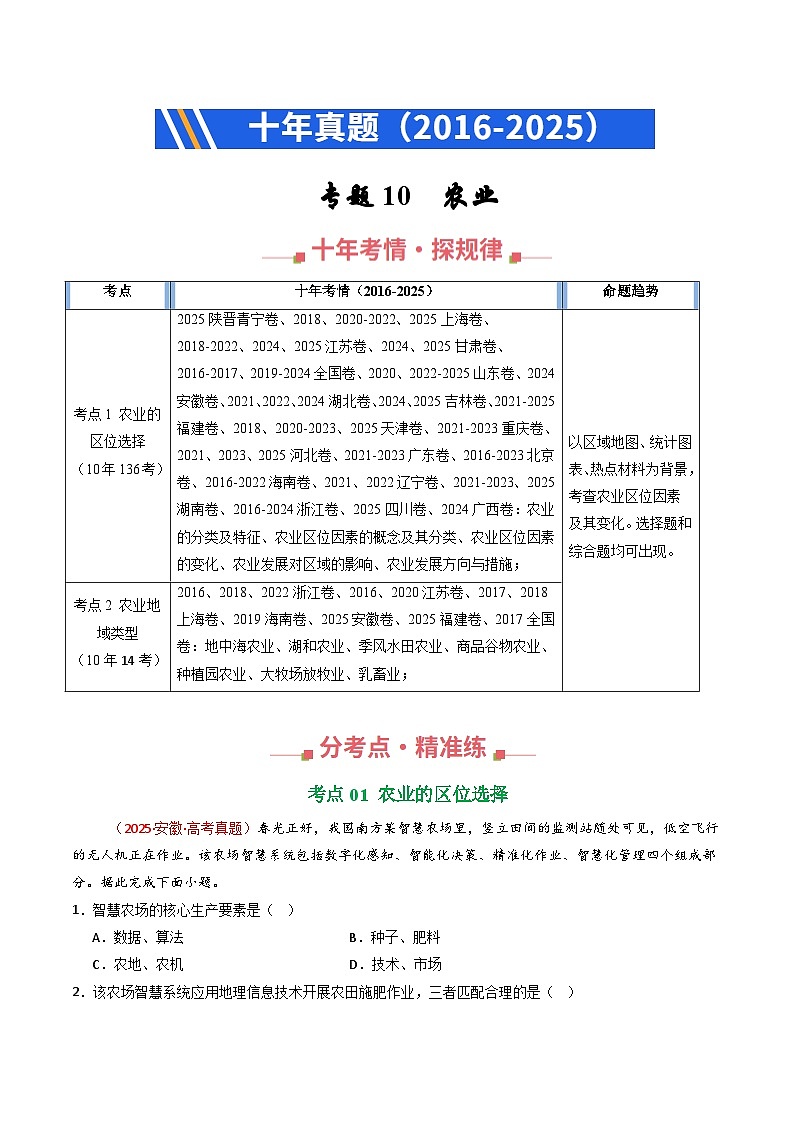 专题10 农业(全国通用)(原卷版)第1页
