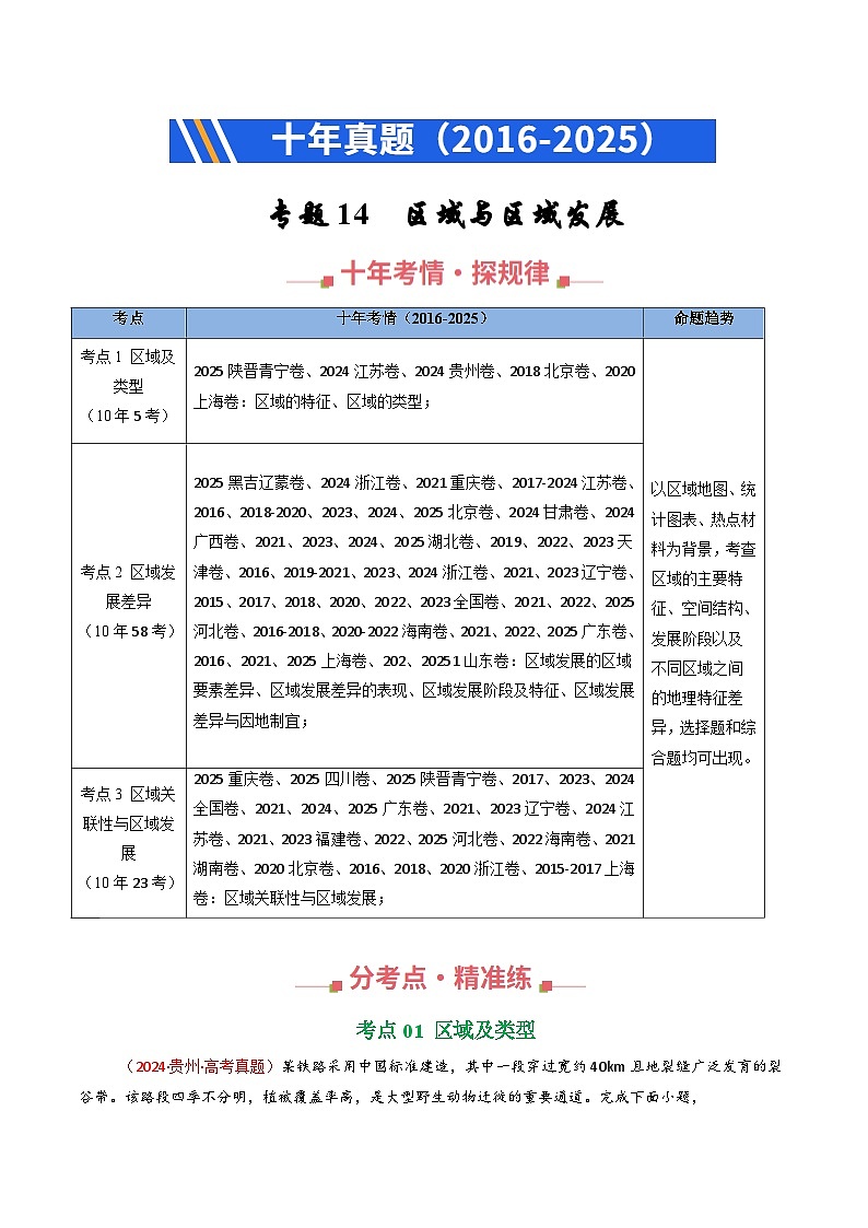 专题14 区域与区域发展(全国通用)(原卷版)第1页
