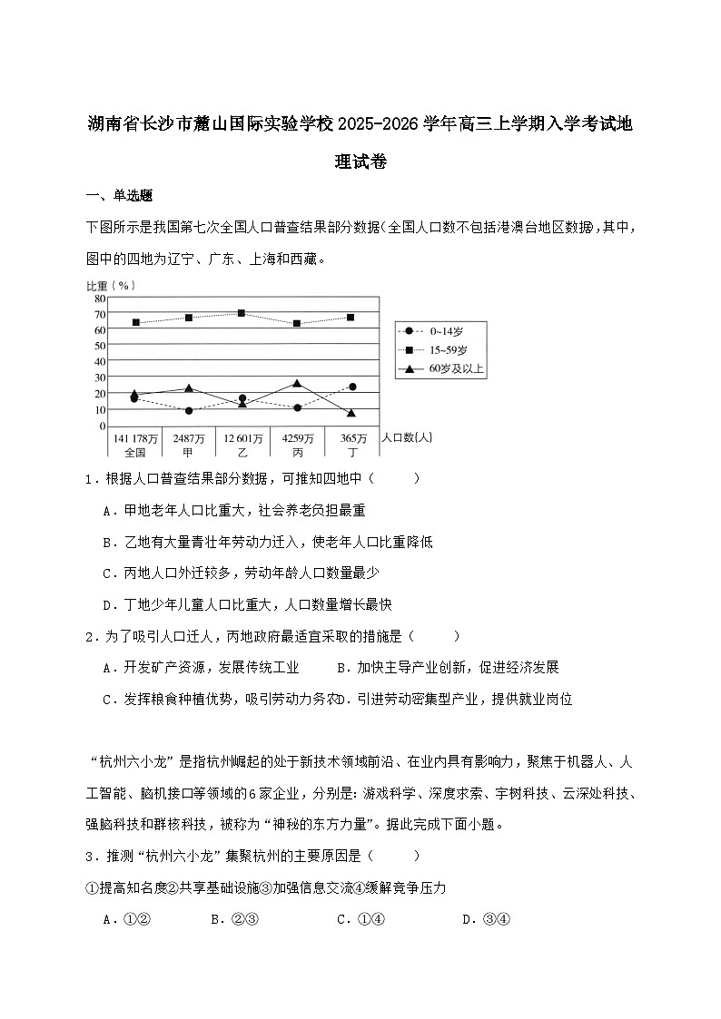 湖南长沙麓山国际实验学校2026届高三上学期入学考试地理试题【附答案】第1页