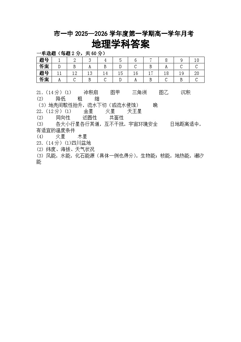 鸡西市第一中学高一9月份月考地理答案第1页