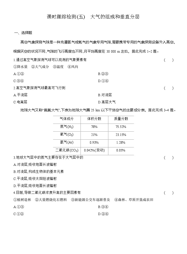 高一地理(人教版)必修一试题课时跟踪检测(五)大气的组成和垂直分层(Word版附解析)第1页
