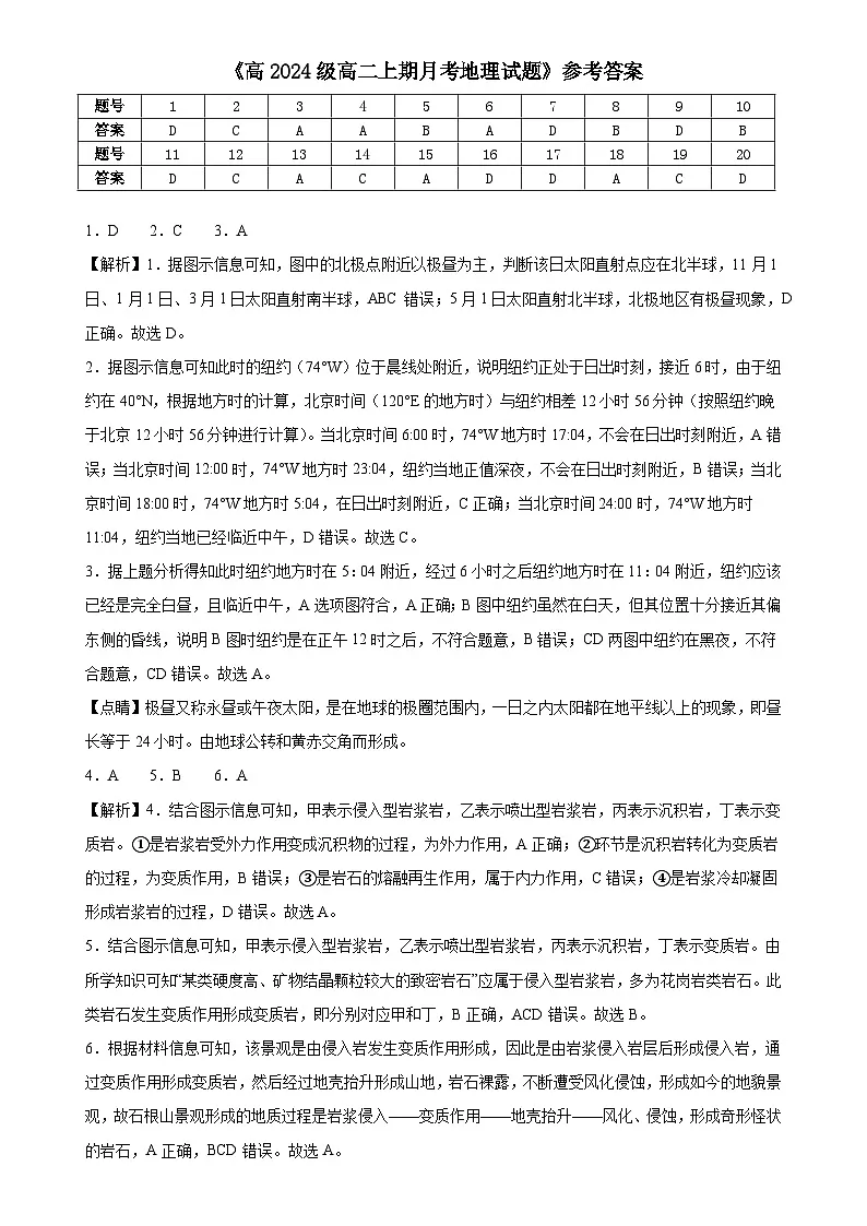 高2024级高二上期月考地理试题答案第1页