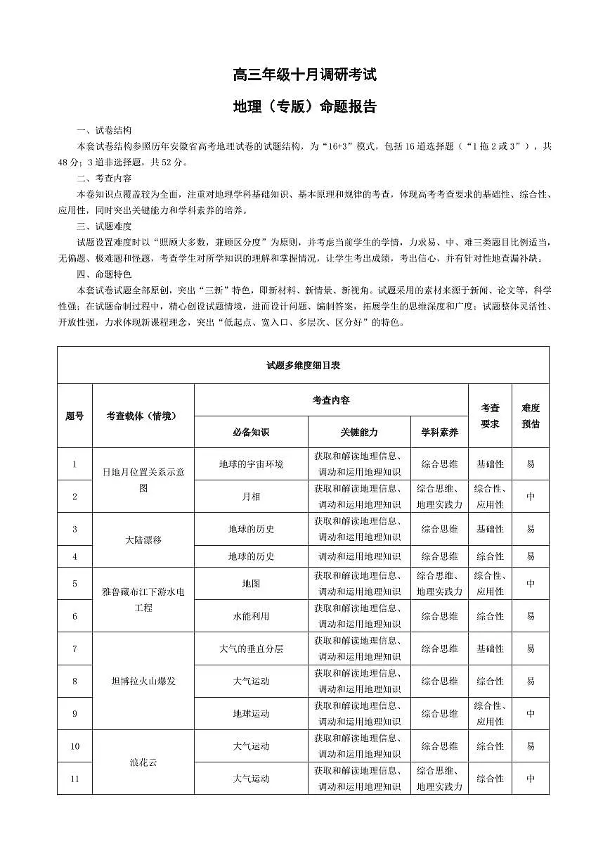 地理专版-安徽高三年级十月调研考试 命题报告第1页
