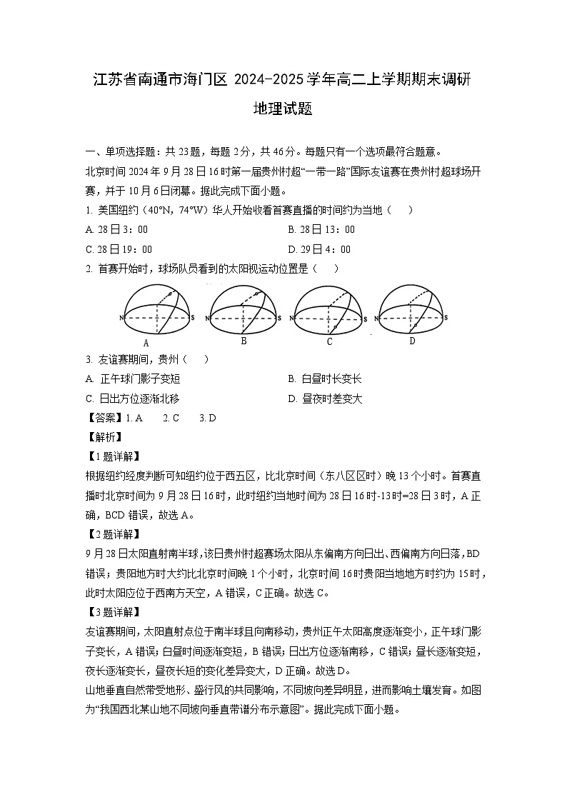江苏省南通市海门区2024-2025学年高二上学期期末调研地理试卷(解析版)第1页