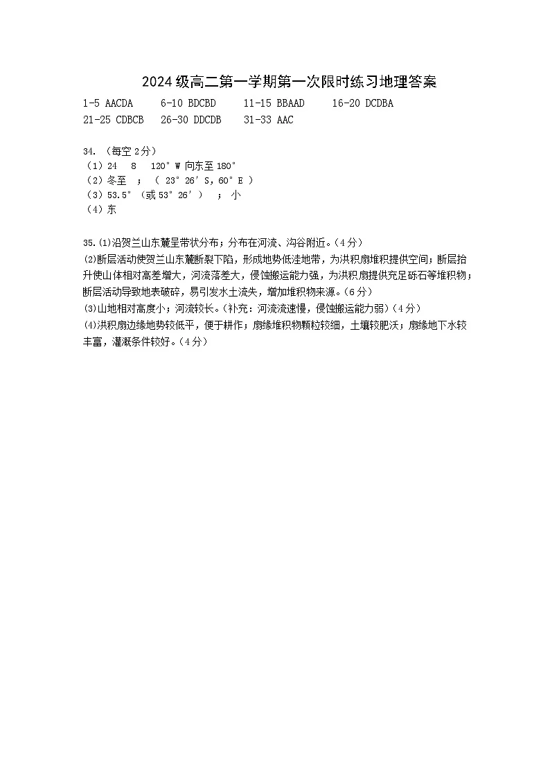 安徽省合肥市第七中学2025-2026学年高二上学期第一次限时练习地理试题答案第1页