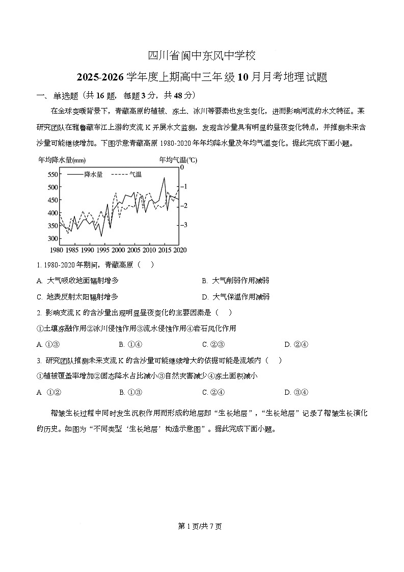 四川省阆中市东风中学2026届高三上学期10月月考地理试题(原卷版)第1页