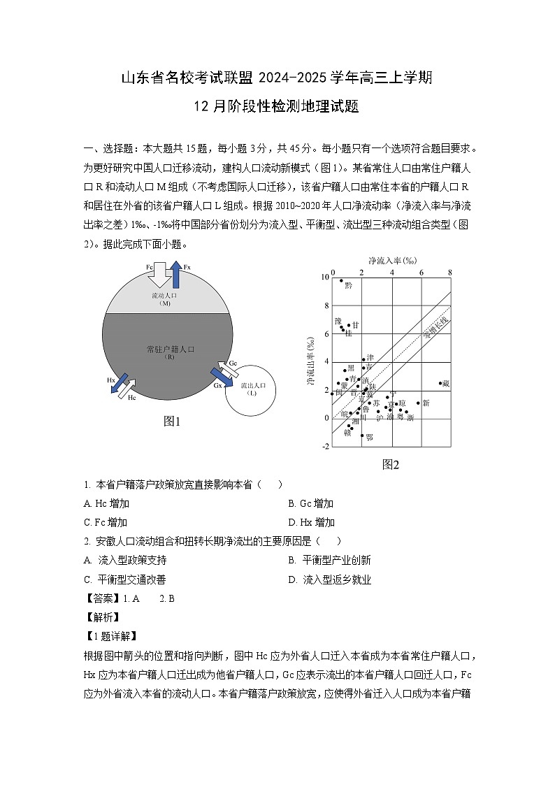 山东省名校考试联盟2024-2025学年高三上学期12月阶段性检测 地理试卷(解析版)第1页