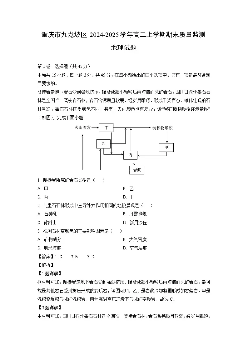 重庆市九龙坡区2024-2025学年高二上学期期末质量监测地理试题(解析版)第1页