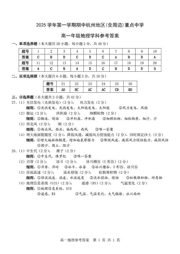 地理试卷答案 第1页