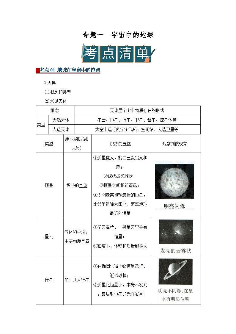 专题01宇宙中的地球(word)2025-2026学年高中地理高一必修一期末复习学案知识清单+习题(原卷版)第1页