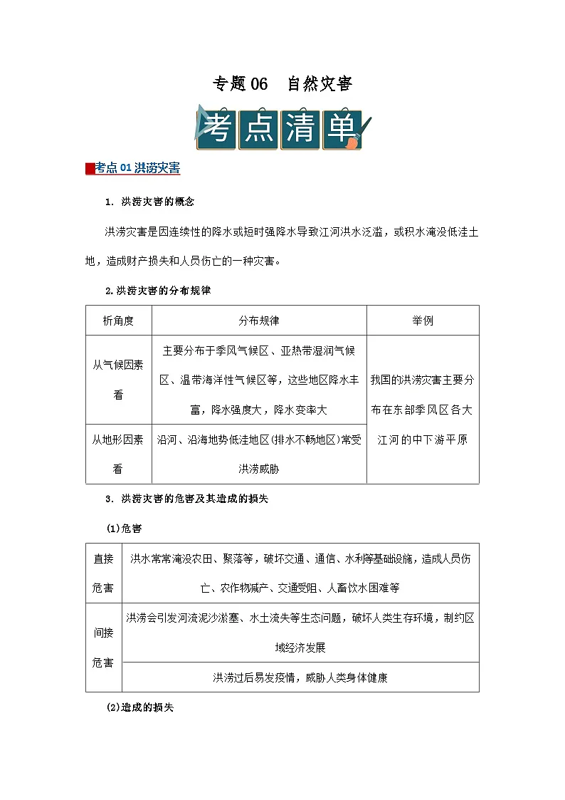 专题06 自然灾害(word)2025-2026学年高中地理高一必修一期末复习学案知识清单+习题(原卷版)第1页
