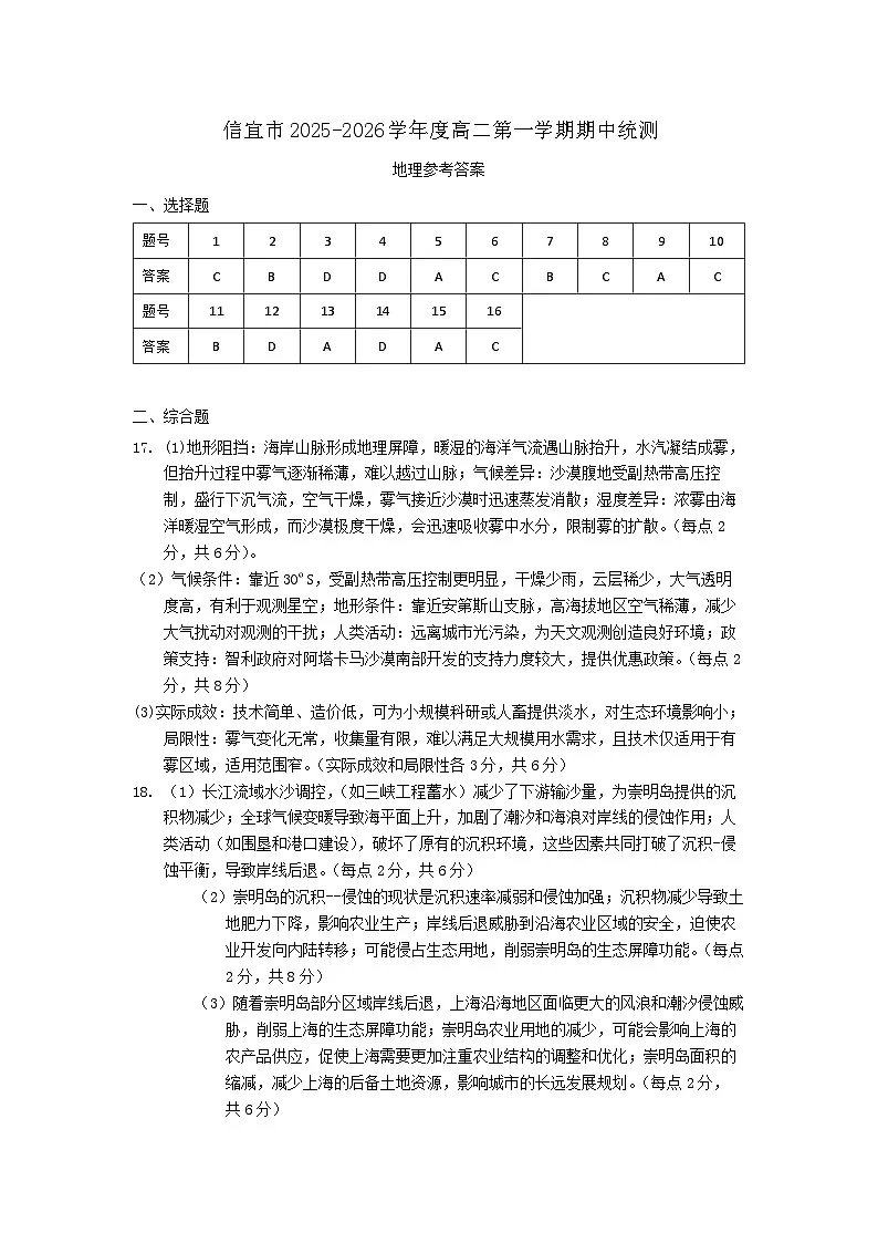 高二第一学期期中统测(地理参考答案)第1页