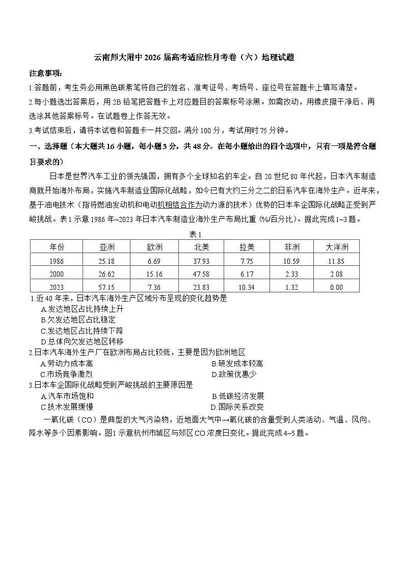 云南省昆明市云南师范大学附属中学2025-2026学年高三上学期适应性月考(六)地理试卷+答案第1页
