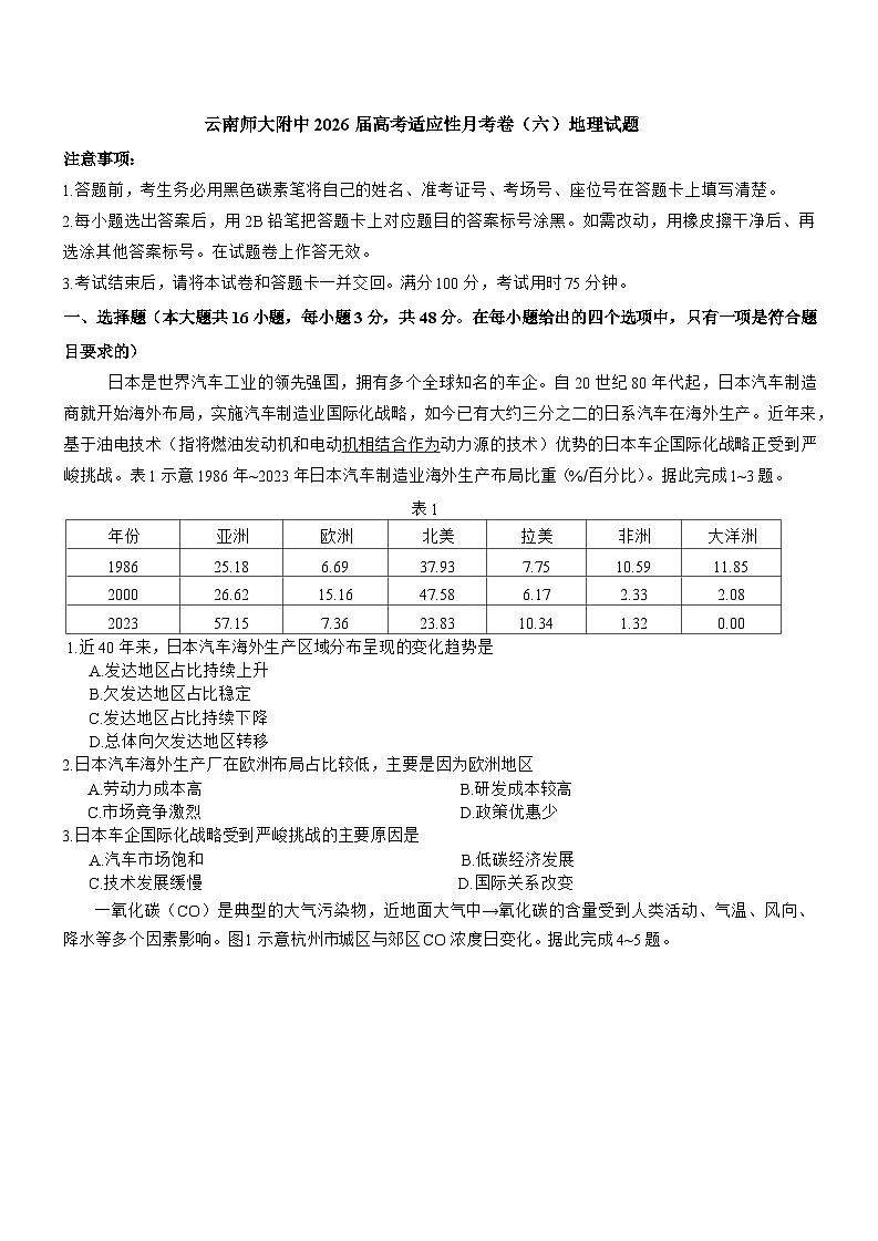 云南省昆明市云南师范大学附属中学2025-2026学年高三上学期适应性月考(六)地理试卷+答案第1页