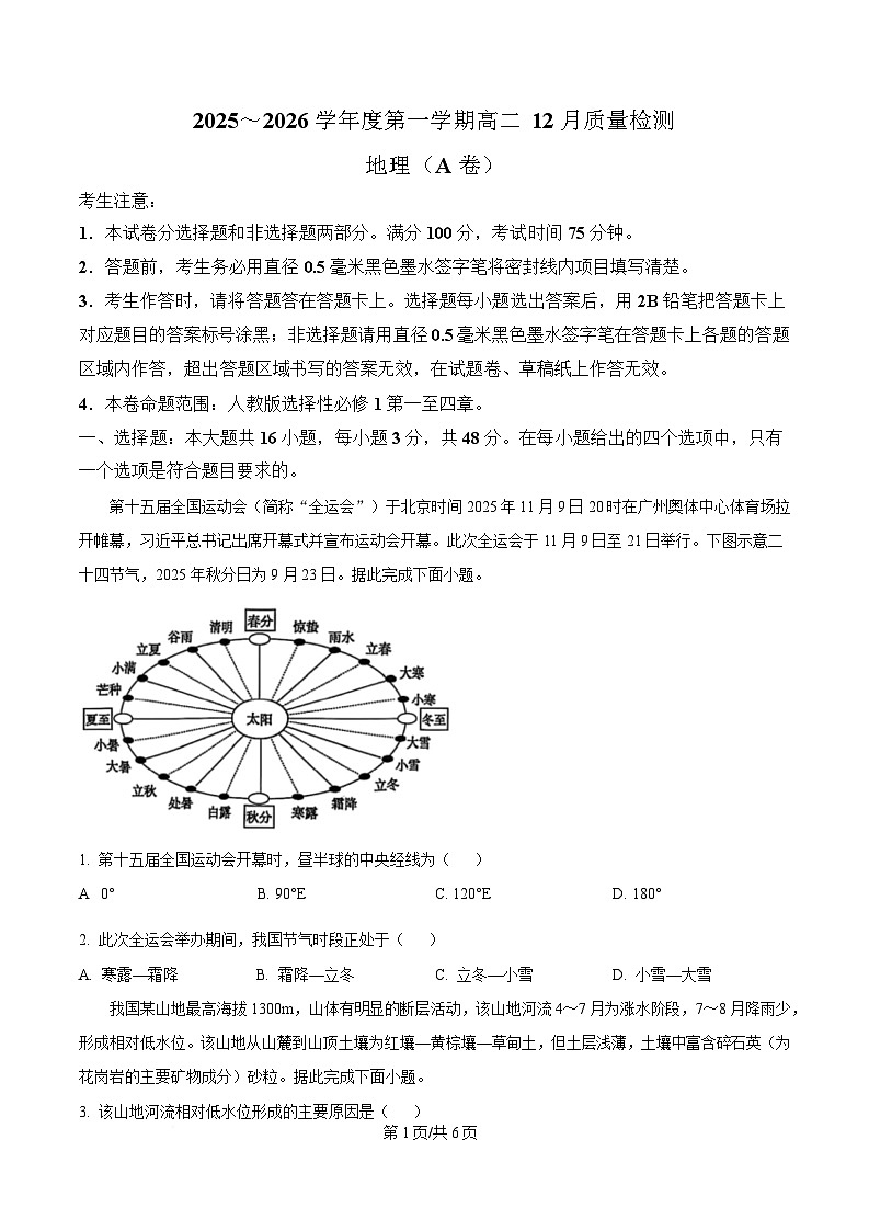 安徽省县中联盟2025-2026学年高二上学期12月月考地理试题(A卷) 含答案第1页
