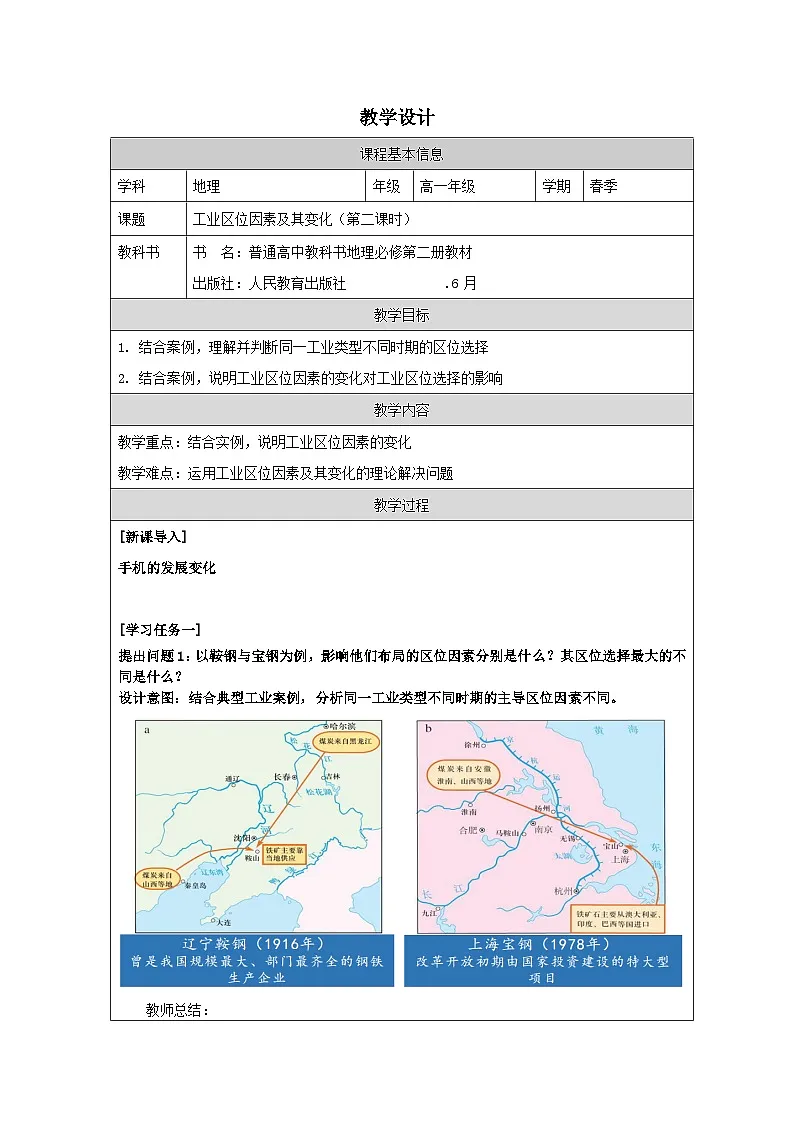 人教版高中地理必修第二册3.2《工业区位因素及其变化表格式教案第1页