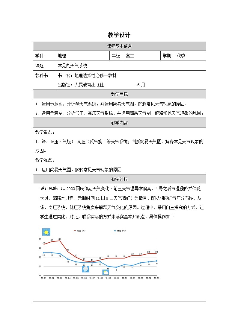 人教版高中地理选修1 自然地理基础3.1 常见天气系统表格式教案第1页