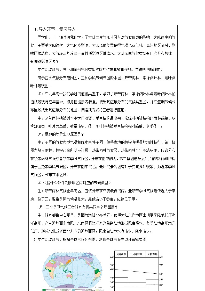 人教版高中地理选修1 自然地理基础3.3气压带和风带对气候的影响》表格式教案第2页