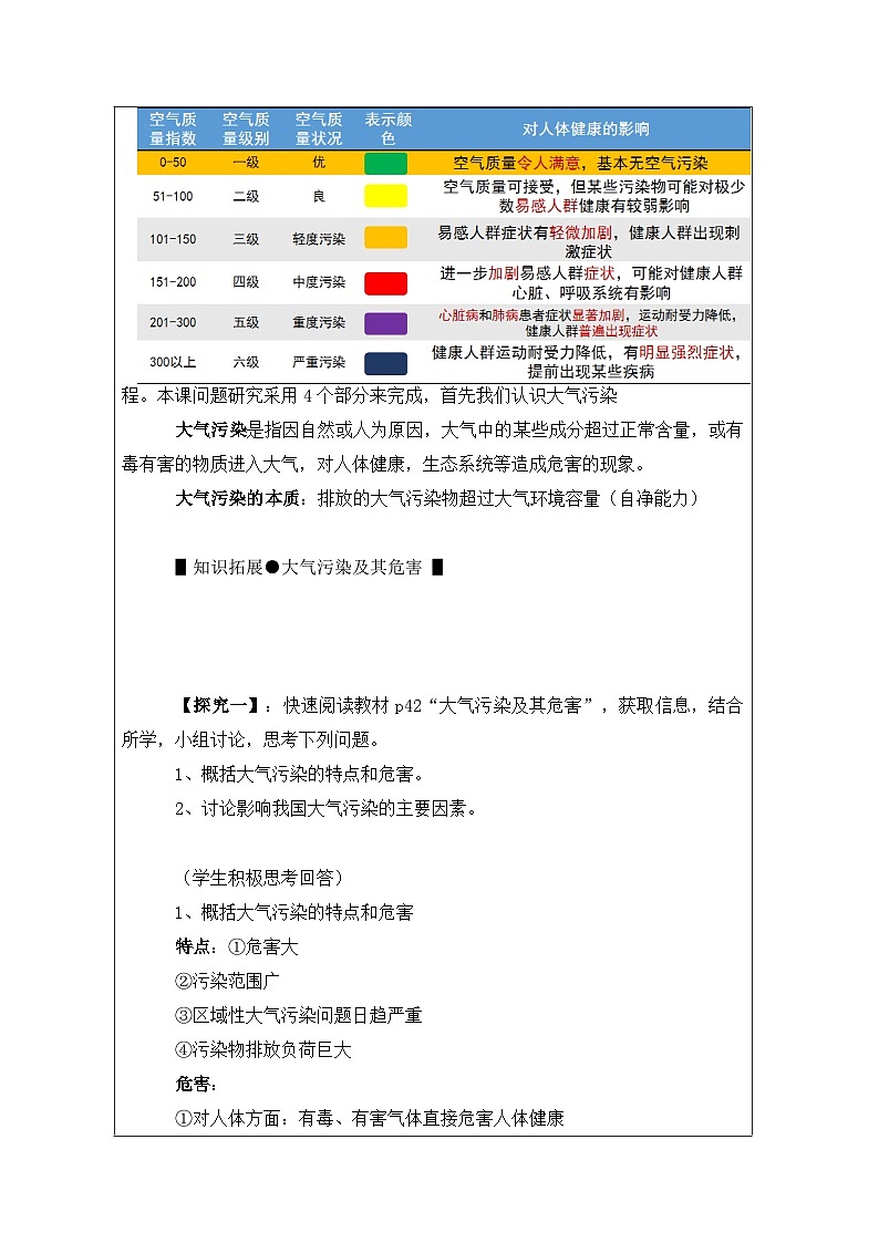人教版高中地理必修第一册第2章 问题研究 何时“蓝天”常在表格式教案第3页