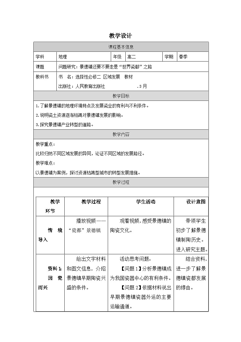 人教版高中地理选修2 区域发展第2章 问题研究 景德镇还要不要走“世界瓷都”之路表格式教案第1页