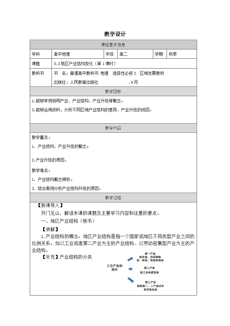 人教版高中地理选修2 区域发展3.2《地区产业结构变化表格式教案第1页