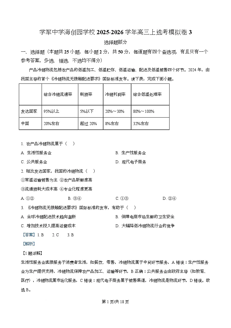 浙江省杭州市学军中学海创园学校2026届高三上选考地理模拟卷3 Word版含解析第1页